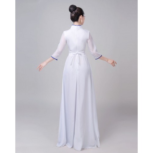 Women White Blu White Porcelain Chinse qipao Dress model show miss etiquette performance dress modern song choir recitation dress